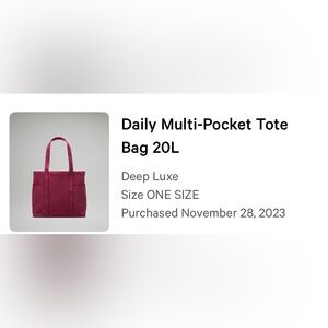 Lululemon Daily Multi-Pocket Tote Bag 20L deep luxe
